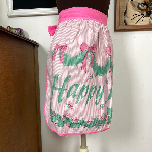 Vintage Pastel Christmas Apron, 1960s Neon Pink & Mint Green Half Apron - Picture 3 of 6